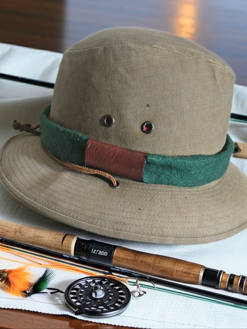 Custom Orvis Khaki Outdoor Fishing Hat,Fedora with Custom Hat  Band, L, 7 1\2